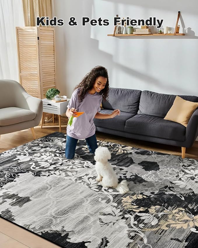 Washable Abstract Rug, 4x6 Black Floral Area Rugs with Non-Slip Rubber Backed for Bedroom, Low Pile Modern Throw Carpet Kitchen Living Room Decor