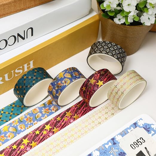 12 Rolls Charming Washi Tape Set Gold Silver Foil Detailing Arts Adhesive Tapes Basic Patterns Decorative Masking Tape Sets for Craft, Kids, Scrapbook, DIY, Gift Wrapping (Golden Galaxy)