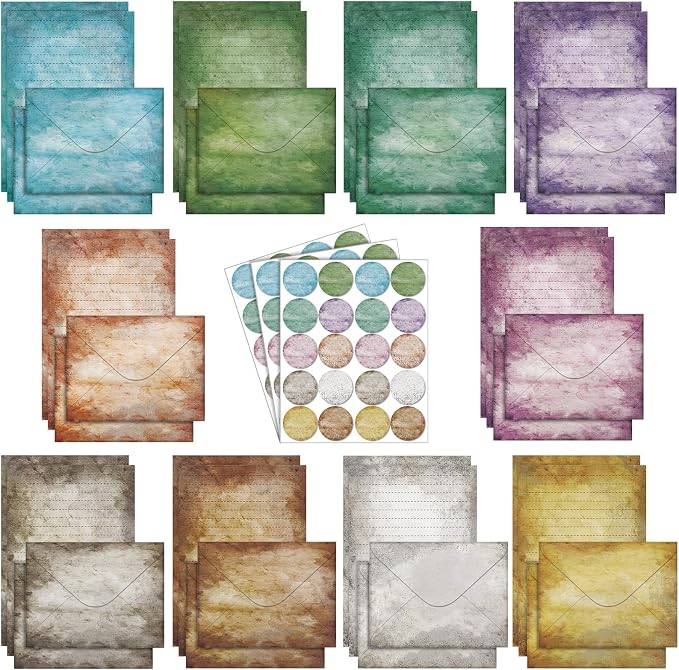 TaoBary 160 Pcs Stationery Paper Set 50 Double Sided Stationery Papers with 50 Matching Envelopes and 60 Round Dot Sticker, 10 Design (Vintage,8.25 x 5.5 Inch)