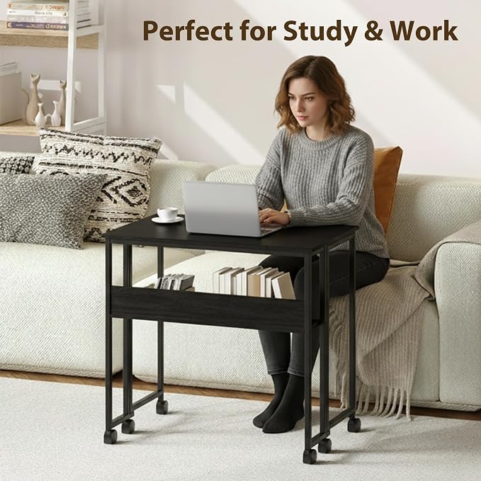Folding Desk with Storage Shelf, 24.8 Inch Foldable Computer Table with Wheels for Small Spaces,Space Saving Sofa Table for Couch, Rolling Writing Work Office Computer Desk, Easy to Fold,Black