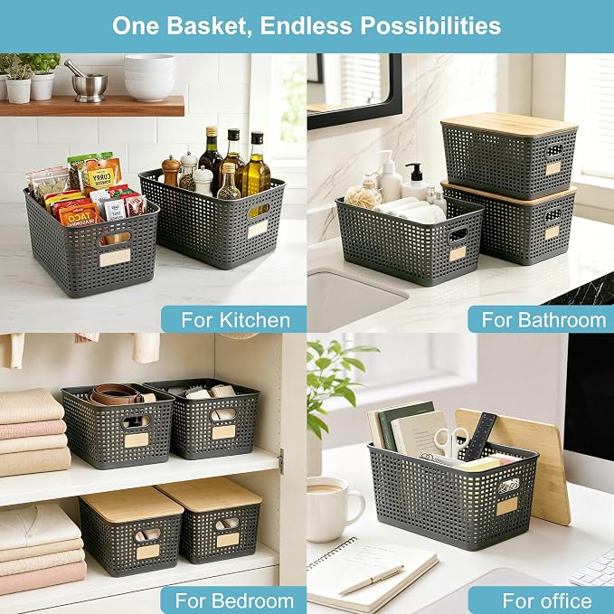 Bagnizer 2 Pack Tall Plastic Storage Bins with Bamboo Lids, 10.8qt Stackable Storages Baskets for Organizing Desktop Closet Playroom Classroom Office, 12"L x 8.3"W x 6.1"H, Gray