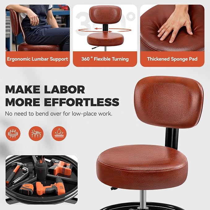 BestGlory Shop Stool with Wheels for Garage, Mechanics Rolling Chair with Backrest, Adjustable Height Heavy Duty Garage Stool with Footrest and Storage Tray, Swivel Task Chair for Workshop Salon