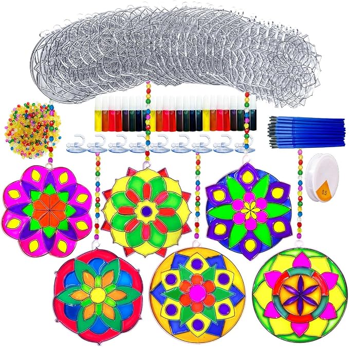 AUEKIV 30 Sets Suncatcher Kit Mandala Suncatchers Window Art Paint Sun Catcher DIY Craft Kits Flower Suncatcher Kit for Summer Decoration Home Activity Art Project Birthday Party Favors