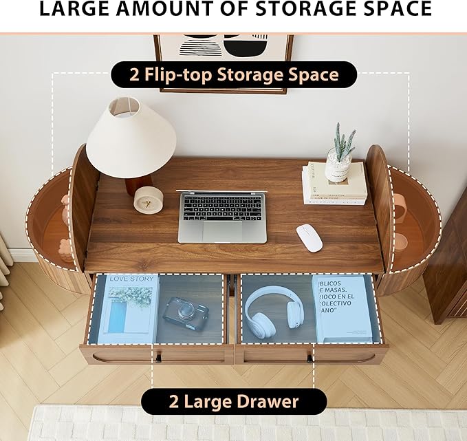 AVZEAR 59" Oval Fluted Home Office Computer Desk Wood Writing Desk, Wlanut | Mid Century Modern Writing Desk with 2 Drawers + 2 Flip Storage, Farmhouse Vanity Table Executive Deskfor Study, Living Room
