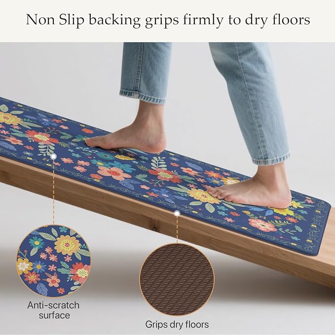 GENIMO Anti Fatigue Kitchen Mats for Floor 2PCS, Cushioned Standing Mats | 17.3"x47"&17.3"x30", Navy vintage floral rug set, waterproof, non slip, easy-clean for farmhouse