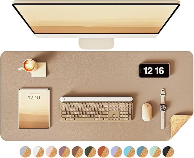 YSAGi Double-Sided Desk Pad, 31.5"x15.7"Leather Desk Mat, Eco Cork Desk Pad Protector,Large Mouse Pad,Waterproof Desk Blotter for Office/Home(Apricot)