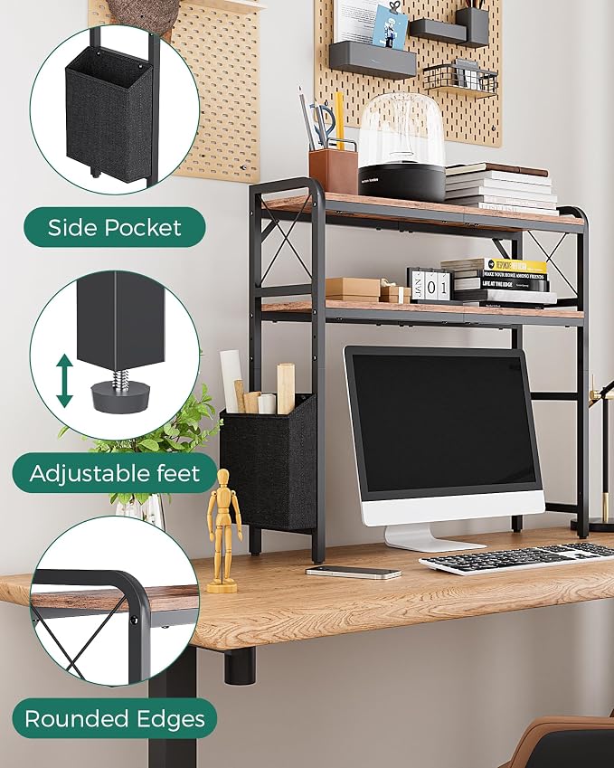 Desk Hutch Dorm with Adjustable Shelves and Side Pockets | 2-Tier Desktop Bookshelf Organizer, Monitor Stand, Large-Capacity Display Shelf Rack for Home Office or Study, Rustic Brown