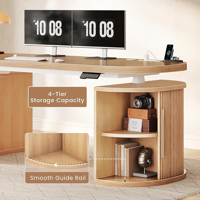 SEDETA 57" Standing Desk with Storage, Electric Height Adjustable Executive Fluted Desk with Curved Cabinets, Computer Desk with Power Strip for Home Office, Light Oak