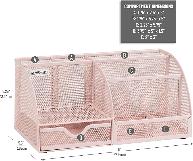 Mind Reader 7-Compartment Desktop Organizer, Metal Mesh Desk Organizer for Pens, Sticky Notes, Mail and Office Supplies, Pink