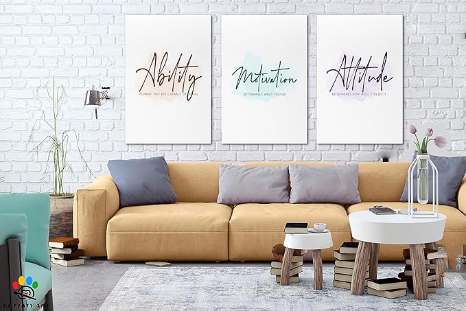 3 Piece Inspirational Wall Art - Ability Motivation Attitudes Quotes Canvas Art Print for Men Room Decor, Office Wall Art Picture, Motivational Poster Framed Artwork for Home Office Decor 24”x36”x3Pcs