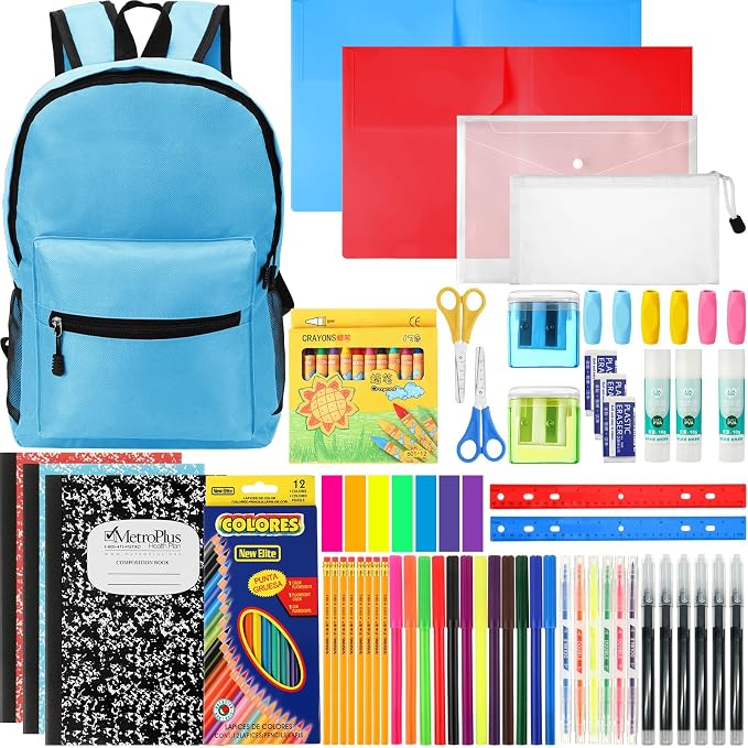 Gilprop 86 Pcs School Supplies Kit with Backpack Back to School Supplies Bag Set Elementary Essential Bundle Bulk for Student Classroom(Light Blue)