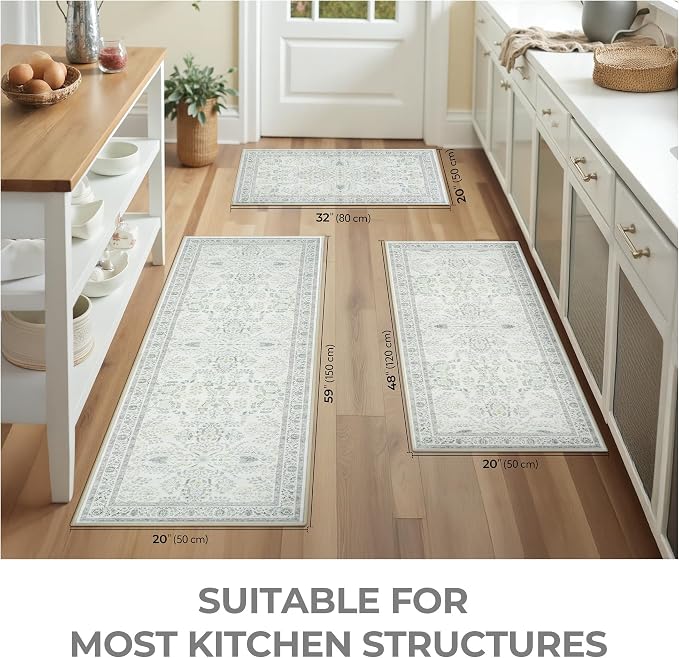 GRANNY SAYS Boho Kitchen Rug Sets of 3, Non Slip Washable Faux Wool Kitchen Mats for Floor, Thick Soft Anti-Fatigue Comfort Standing Mat Runner Rugs for Hallway Laundry Room, Green & White