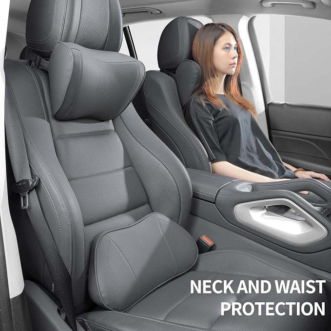 Car Lumbar Support Pillow for Driving Seat, Gray, 1 Pack | Leather Memory Foam Lumbar Cushion for Lower Back Pain Relief, Universal Back Support for Driving, Home & Office Chairs