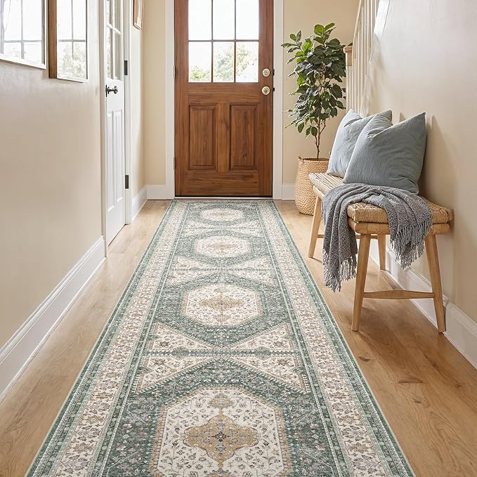 2x10 Runner Rug for Hallway Washable: Non Slip Kitchen Rugs with Rubber Backing Soft Waterproof Wide Mats Stain Resistant Low Pile Carpet for Entryway Bedroom Bathroom Laundry Home Decor Green/Beige