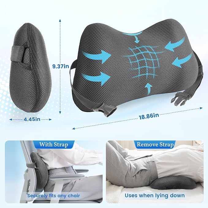 Lumbar Support Pillow for Office Chair, Memory Foam Lower Back Support, Ergonomic Lumbar Pillow with Adjustable Strap, Breathable Cover (Grey)