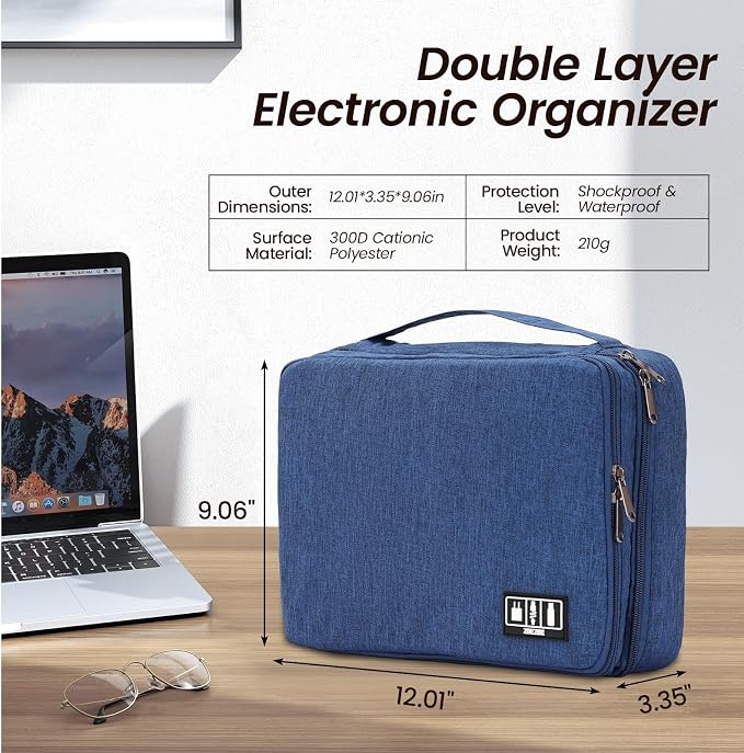 Large Electronic Organizer Travel Case, Double Layer Tech Accessories Bag with 3 DIY Adjustable Dividers, Waterproof Padded Cable Storage Pouch for Camera Gear, Power Bank, Hard Drive, Mouse