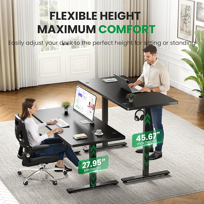 Electric Standing Desk Adjustable - 63x30 Inch Sit Stand Desk with 1 Inch Thick Tabletop, Double Beam Frame, 3 Memory Height Adjustment, Cable Management for Home Office