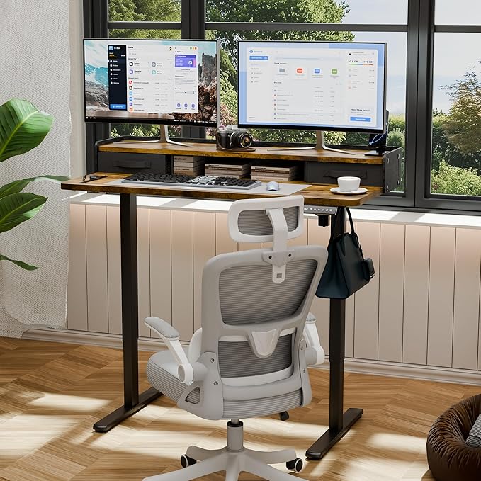 YESHOMY 48" x 23" Electric Standing Desk with 2 Drawers, Height Adjustable Computer Desk, Low Noise Home Office Stand Up Desk with 2 Preset Heights & 2 Hooks, Rustic Brown