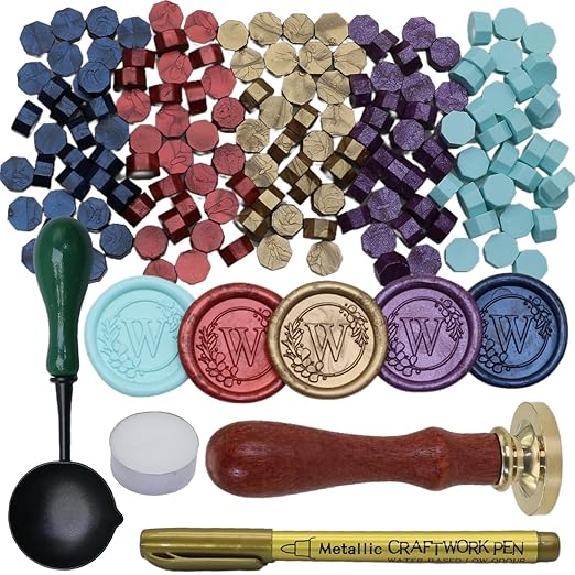 Initial Alphabet Wax Seal Stamp Set, Retro Letter W Sealing Stamp with 150Pcs Sealing Wax Beads in 5 Color, Melt Non Stick Spoon Pen Kit for Wedding and Christmas (W)