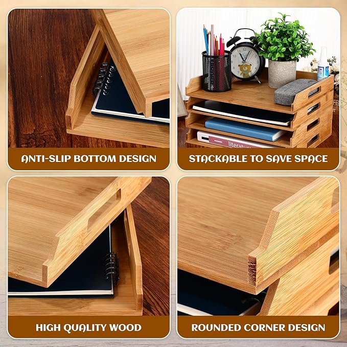 4 Pcs Stackable Paper Tray Bamboo Wood Desk Organizer Letter Tray 4 Tier Wooden File Organizer Desk Shelf for Documents, Letter Sorter, Envelopes and Magazine Holder