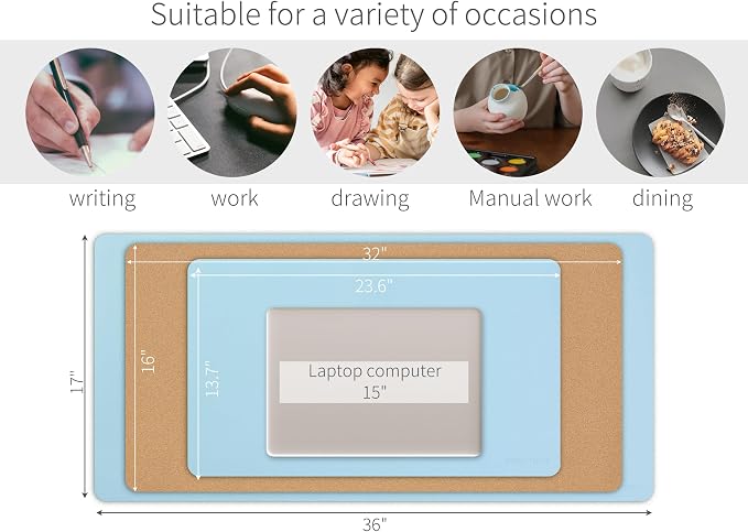 RENMTURE Dual-Sided Large Desk Pad, Faux Leather Natural Cork Mouse pad, Desk Accessories Protector, for Office and Home Work (Light Blue, 23.6" x 13.7")