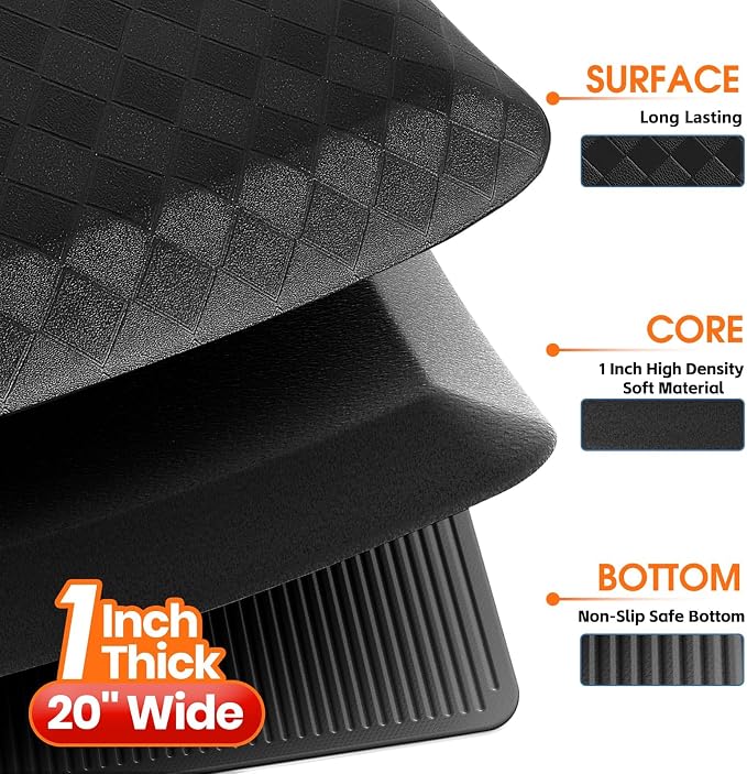 1" Thick Kitchen Mats for Floor, Water Resistant Floor Rug,Black/24" x 20" | Non-slip, Heavy Duty, Anti Fatigue Kitchen Rugs, Standing Desk Mat for Friends, Home, Office, Kitchen