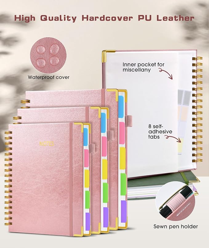Hardcover Spiral Notebook Journal with Removable Dividers Tabs, 300 Pages Leather 5 Subject Notebook College Ruled, 8"x10" Large B5 Notebooks for Work School, Lined Journal for Women, Rose gold