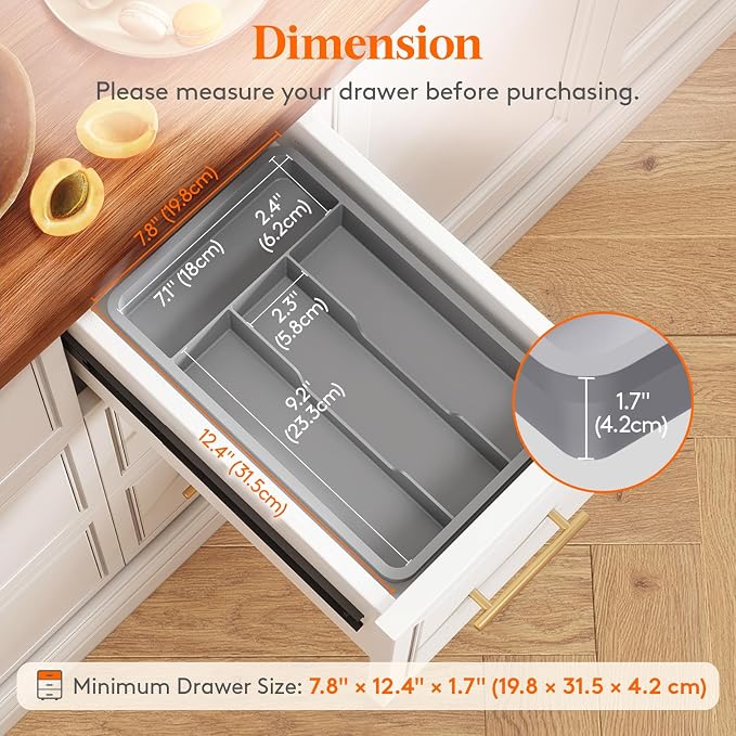 Lifewit Silverware Drawer Organizer Tray, Plastic Cutlery Storage for Kitchen, Flatware and Utensil Holder Divider for Spoons Forks Knives Tableware, 7.8 x 12.4", 4 Slots, Gray