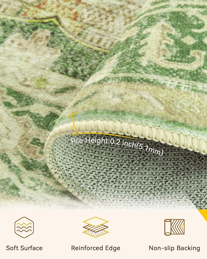 RELEANY Area Rugs Round 5ft Washable Non-Slip, Floral Vintage Distress Medallion Carpet for Living Room Bedroom Dining Room, Sage Green Yellow