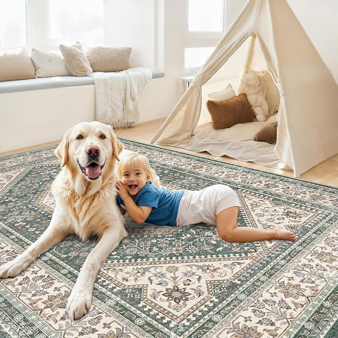 Washable 7x9 Area Rugs for Living Room: Soft Bedroom Rug Non Slip Rugs with Rubber Backing Ultra Thin Low Pile Carpet for Dinging Room Home Office Decor Green/Beige