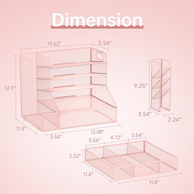 Desk Organizer with 5 Tier File Holder and Sliding Drawer Pen Holder Pink | Paper Letter Tray with 3 Tilted File Sorters to Keep Desk Accessories and Office Supplies within Reach
