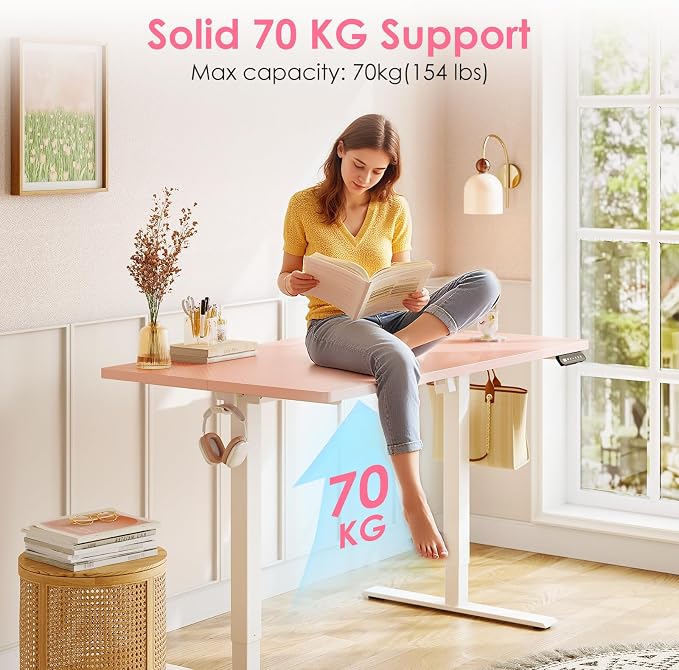 OffiGo 40" Pink Electric Standing Desk Height Adjustable for Home Office | 3 Memory Presets, Rear Cable Notch, Dual Side Hooks, Stand Up Desk for Bedroom, Study room, Home Office and Vanity Space