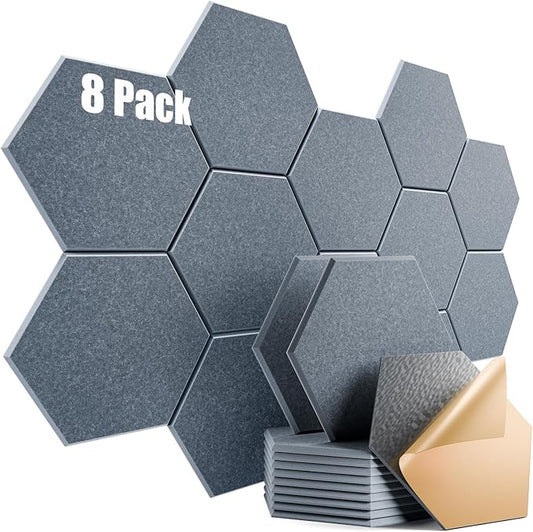 8 Pack Self-Adhesive Acoustic Panels 12" X 10" X 0.4" - Sound Proof Foam Panels for Wall with High Density, Hexagon Design, Flame Resistant, Absorb Noise and Eliminate Echoes(Gray)