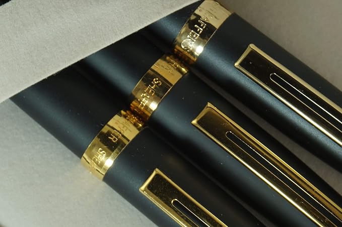 Sheaffer Signature Prelude Satin Black and 22KT Gold Appointment Solid 14kt Gold Medium Nib Fountain Pen, Rollerball Pen, 0.7MM Pencil