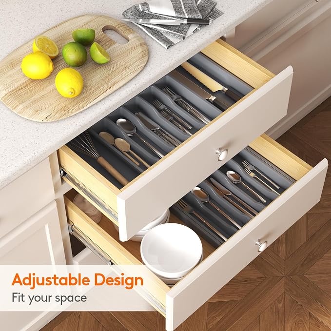 Lifewit Silverware Drawer Organizer, Expandable Utensil Tray for Kitchen, BPA Free Flatware and Cutlery Holder, Adjustable Plastic Storage for Spoons Forks Knives, 13-22 x 15", Dark Gray