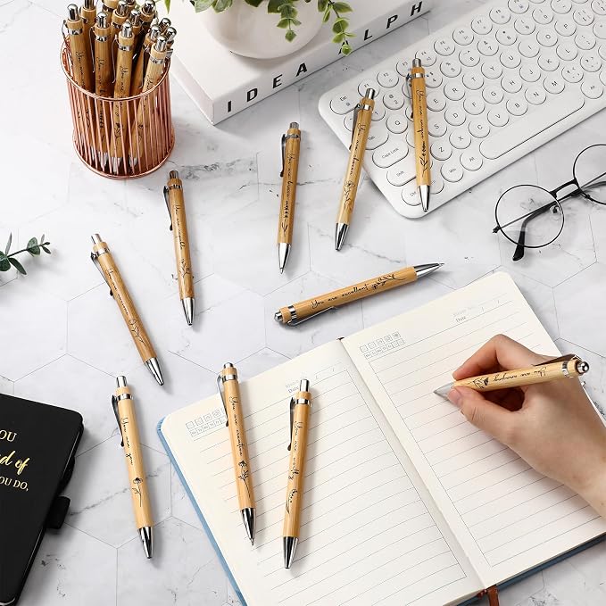 Watersay 10 Pcs Inspirational Bamboo Pens Bulk Flower Ballpoint Pens with Black Ink Employee Appreciation Thank You Gift for Women Men Easter Coworker Staff Social Worker Volunteer Teacher Nurse