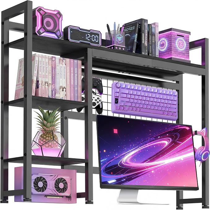 Desktop Shelf, 38.5'' Desktop Organizer Shelf for Computer Monitor, 4 Tier Hutch Storage Rack for Home Office Dorm, Black