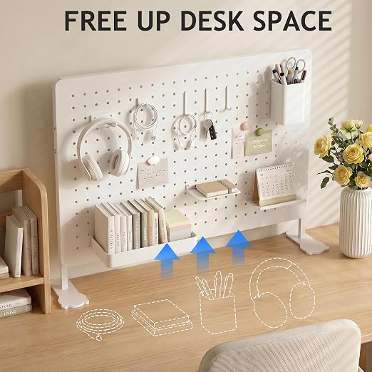 White Metal Pegboard Desk Organizer, 23.62 x 15.75 in with Hooks | Standing or wall-mounted metal panel with hooks, shelves, cup and holders for office, bedroom, craft room and desk storage