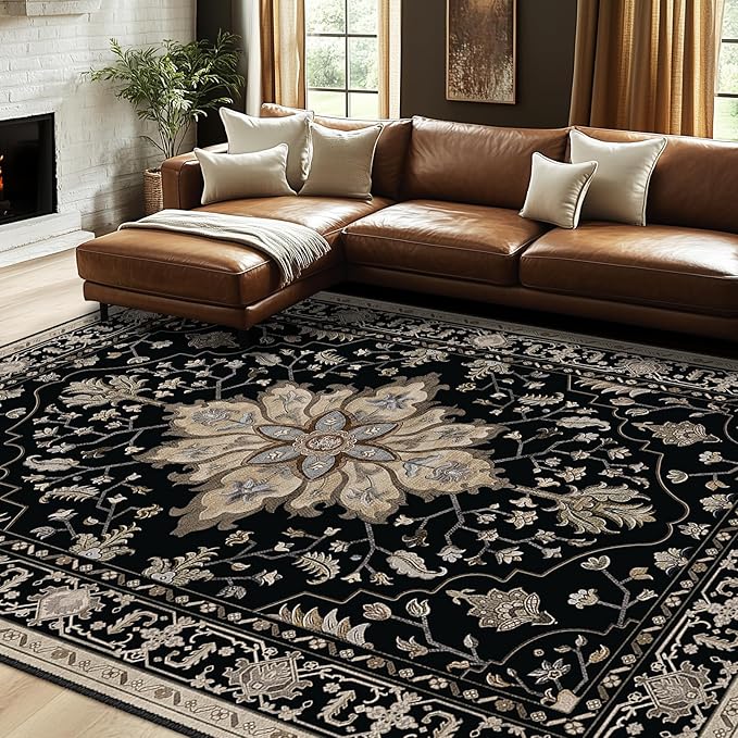 RELEANY Area Rugs 7'x10' Washable Non-Slip, Floral Vintage Distress Medallion Carpet for Living Room Bedroom Dining Room, Black Brown Neutral Dark Tan