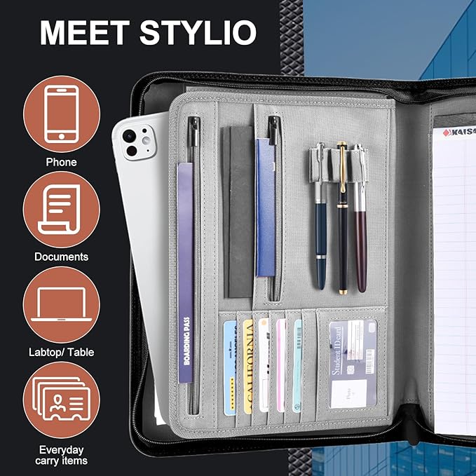 Premium Vegan Leather Portfolio Organizer Business Folder - Zippered Padfolio with Zipper Closure Pad Holder Compatible with Legal Pads 8.5 x 11 Inch for Women & Men (Gray)