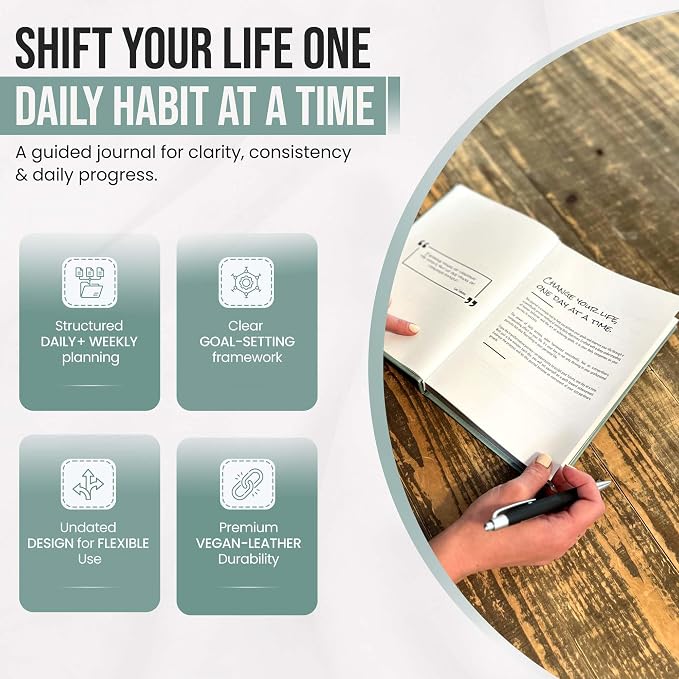 The Behavior Shift Daily Shift Goal Journal - Guided Journal for Goals, Productivity, Mindfulness & Self Care - Wellness Planner with Prompts for Men & Women - 52 Week undated Progress Tracker (Green)