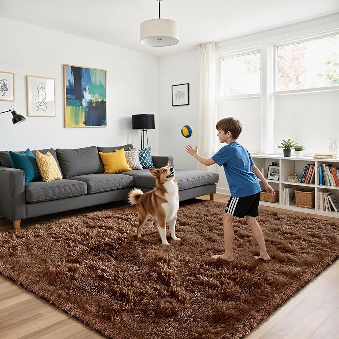 yongyangjuxin Fluffy Rug Shag Area Rug, Brown 8x10 Area Rugs for Living Room, Large Shag Area Rugs for Bedroom Room Home Decor, Upgrade Anti-Skid Rectangular Fuzzy Rugs