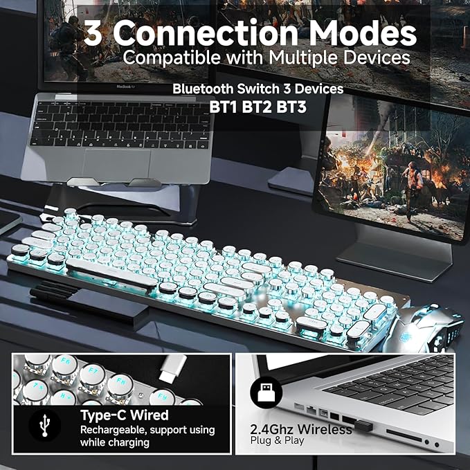 EWEADN TK950 Typewriter Mechanical Keyboard and Mouse, 104 Keys Aesthetic Typewriter Keyboard Mouse Combo with Blue Backlit, Anti-Ghosting, Blue Switch Bluetooth/2.4GHz/Wired Cute Keyboards-White