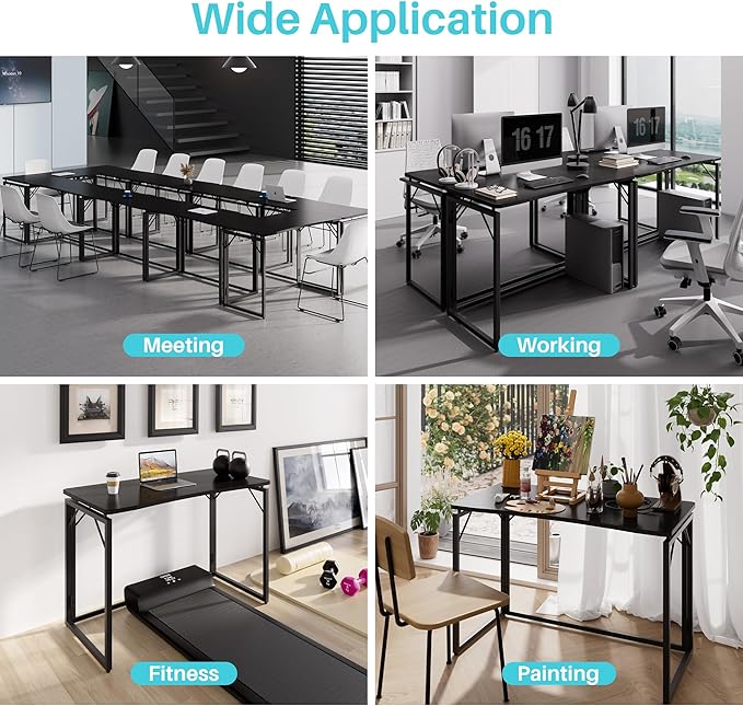 JOYMOOP Black 40" Folding Desk, No Assembly Small Foldable Desk for Home, Office, Wooden Top Folding Computer Desk for Working, Writing, Studying - Middle Size