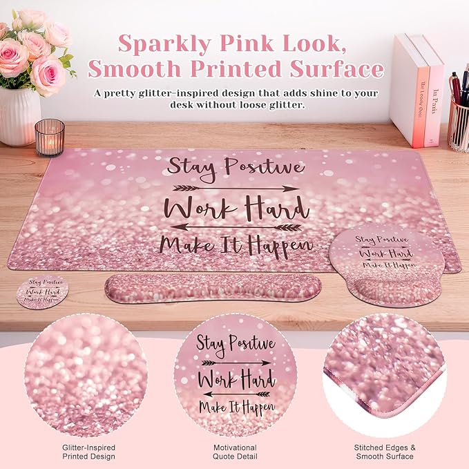iCasso Mouse Pad,Large Pink Desk Mat Set, 4in1 XXL Mousepad + Keyboard Wrist Rest+Mouse Wrist Rest+Coaster with Ergonomic Desk Pad for Home Office Table Computer Cover -Pink Stay Positive