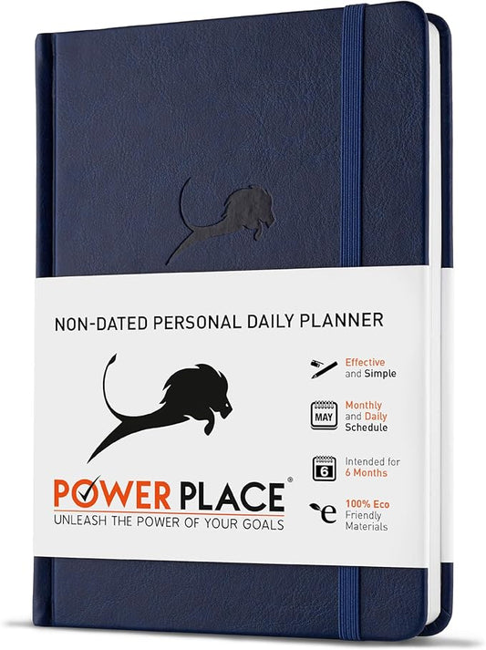 Undated Day Planner & Calendar – 6-Month Life Organizer for Productivity, Time-Management & Focus | 24-Hour Hourly Agenda for Men & Women, Faux Leather Hardcover (Blue)
