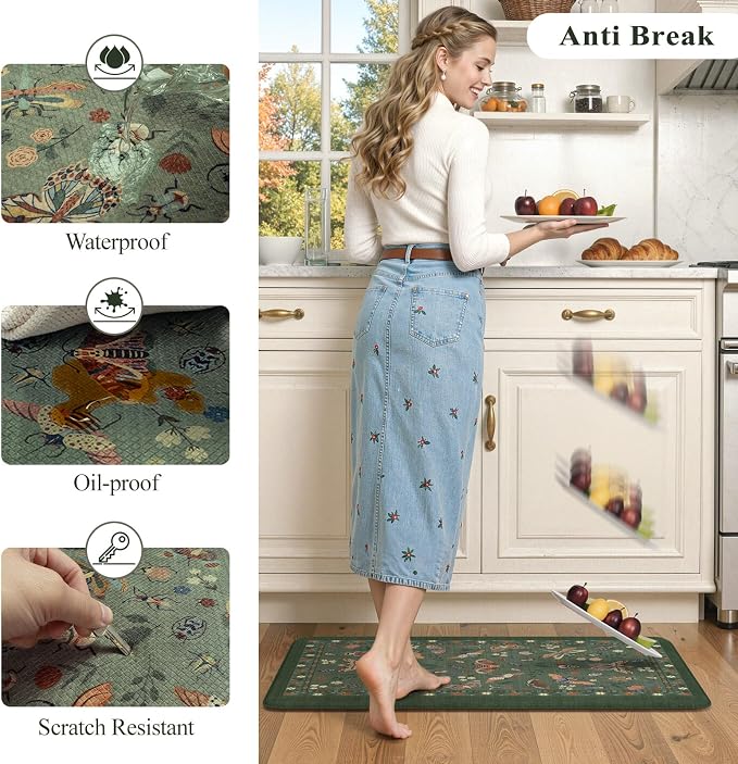 LEEVAN Anti Fatigue Mats for Kitchen Floor Non-Slip, Cushioned Kitchen Mats for Floor 2 Piece, Green Memory Foam Kitchen Mat Set, Waterproof Ergonomic Standing Mat for Bar, Office,Desk, Laundry