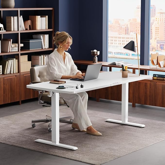 Huuger 63 X 24 Inch Electric Standing Desk with Power Outlets and USB-C Port, Height Adjustable Desk, Sit Stand Desk for Home Office, Computer & Gaming Desk with 4 Presets, Stable Steel Frame, White