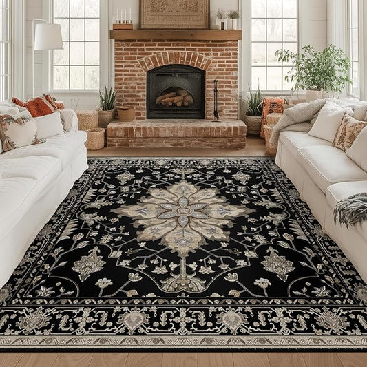 RELEANY Area Rugs Square 8ft Washable Non-Slip, Floral Vintage Distress Medallion Carpet for Living Room Bedroom Dining Room, Black Brown Neutral Dark Tan