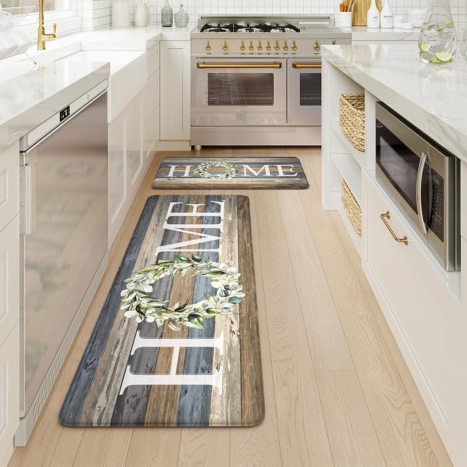 KIMODE Anti Fatigue Mats for Kitchen Floor,Comfort Cushioned Rugs Sets of 2,Wide Farmhouse Memory Foam Carpet Non Slip for Laundry Sink Office Bathroom,Blue 20"x47"+20"x32"